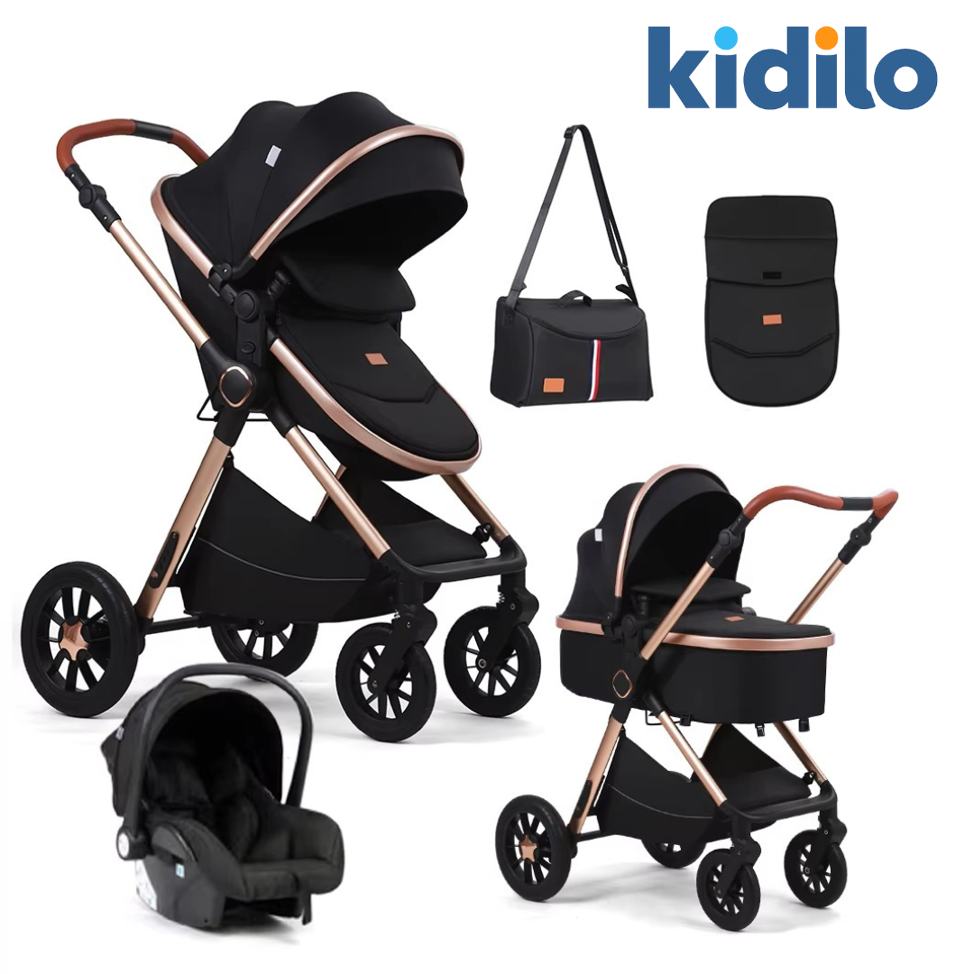 Kidilo V8G+C Black | Luxury Baby Stroller | Premium Travel System for Newborns & Toddlers