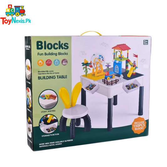 Building Table with 150PCS Blocks | Multi-Function Activity Desk with Chair | Educational Construction Toy for Kids | 3+ Years