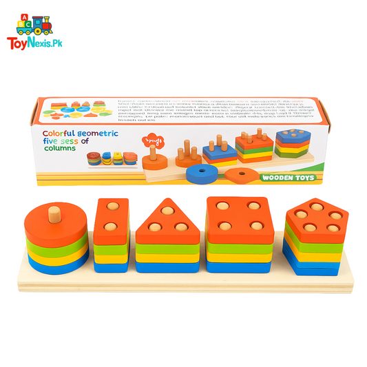 Colorful Geometric Five Sets of Columns – Wooden Montessori Shape Sorting Toy