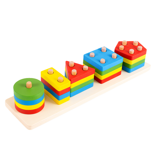 Colorful Geometric Five Sets of Columns – Wooden Montessori Shape Sorting Toy