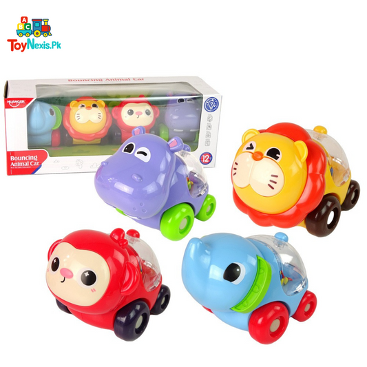 Huanger Bouncing Animal Car Set | Colorful Push & Go Animal Vehicles | 4 Pieces