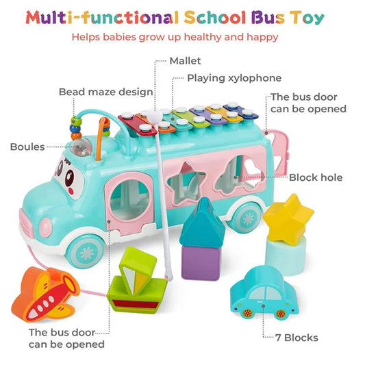 Huanger 7-in-1 Musical Learning Bus | Shape Sorter, Xylophone & Activity Toy for Toddlers