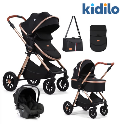 Kidilo V8G+C Black | Luxury Baby Stroller | Premium Travel System for Newborns & Toddlers