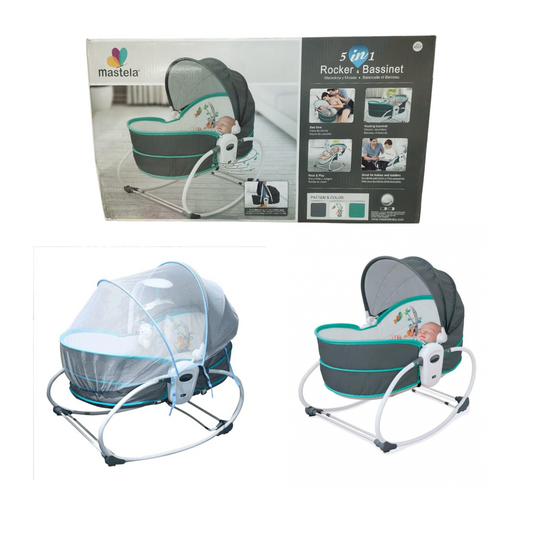 Mastela 5-in-1 Rocker & Bassinet with Canopy, Soothing Music & Soft Toys – Ultimate Multi-Functional Baby Cradle