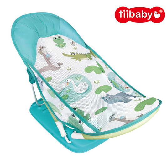 Tiibaby Deluxe Baby Bather – 3-Position Recline | Turquoise Animal Print | 0+ Months