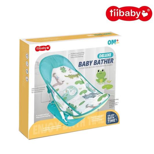 Tiibaby Deluxe Baby Bather – 3-Position Recline | Turquoise Animal Print | 0+ Months